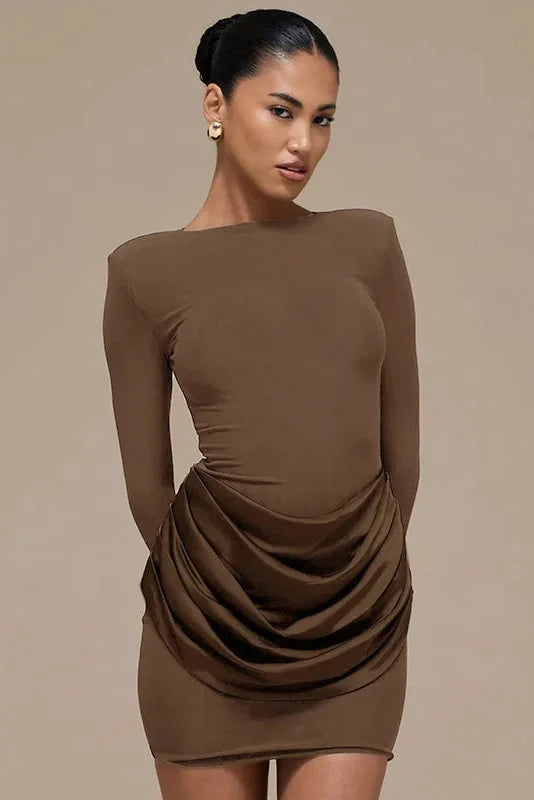Elegant Pleated Slim Round Neck Long Sleeve Mini Dress