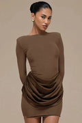 Elegant Pleated Slim Round Neck Long Sleeve Mini Dress
