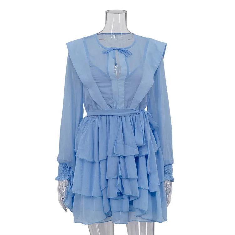See-Through Long Sleeve Lace Up Mini Dress