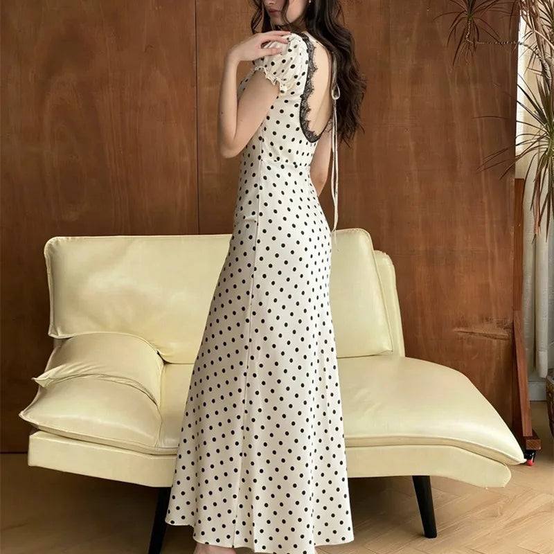 Lace Polka Dot V-Neck Patchwork Lace-Up Maxi Dress