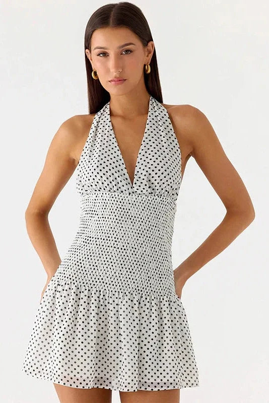 Polka Dot Lace-Up Pleated Waist Backless Mini Dress