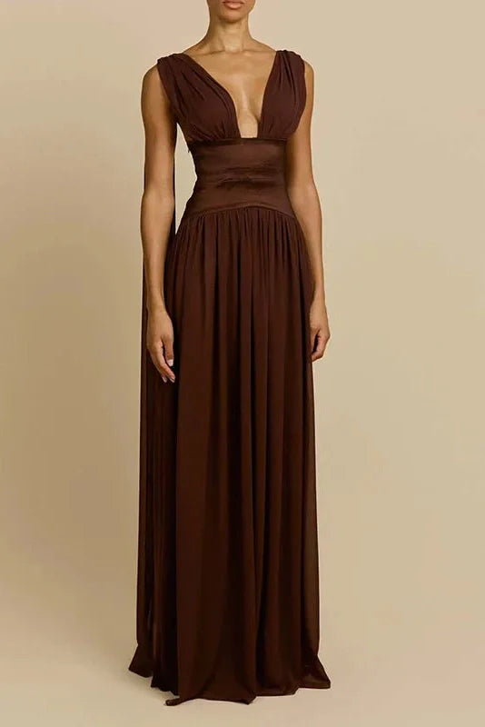 Sleeveless V-Neck High Waist Pleated Maxi Dress