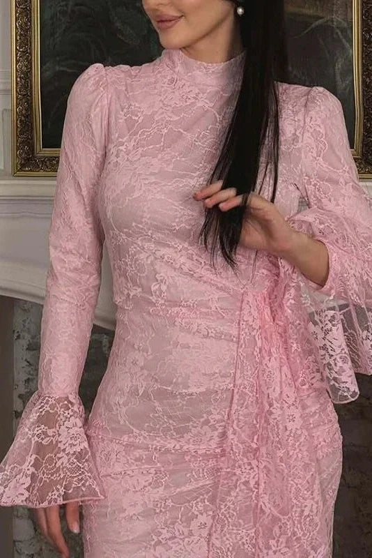 O-Neck Lace High Waist Long Sleeve Pleated Maxi Dress