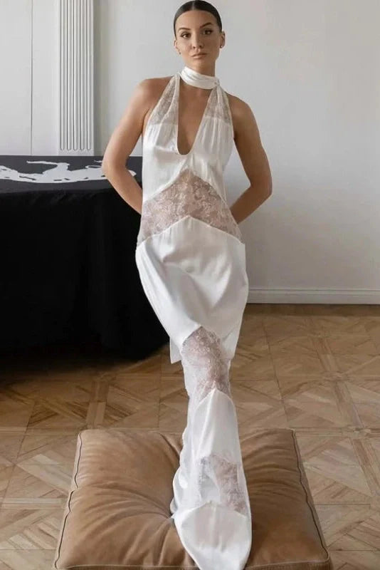 Hollow Lace Sleeveless Lace-Up V-Neck Maxi Dress