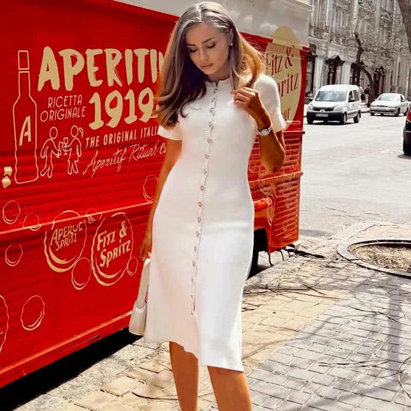 Elegant Single Breasted Patchwork Midi Dress