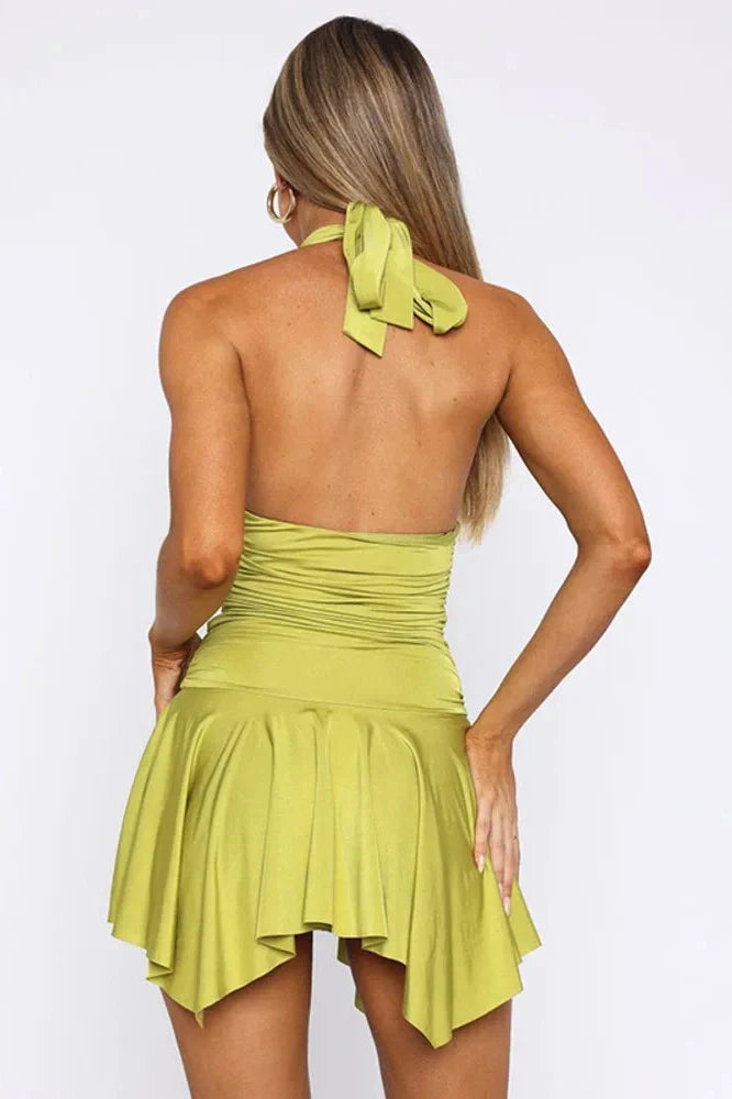 Backless V Neck Sleeveless High Waist Pleated Mini Dress