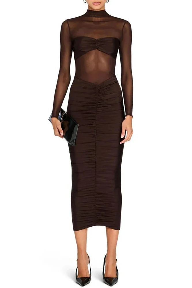 Long Sleeve See Through Backless Bodycon Maxi Dress