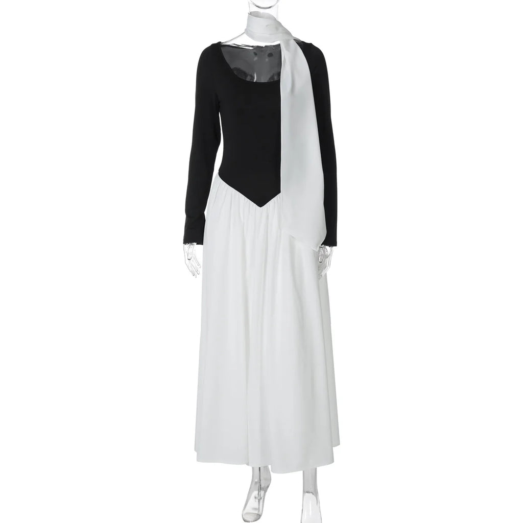 Patchwork Scarf Ribbon Round Neck A-Line Maxi Dress