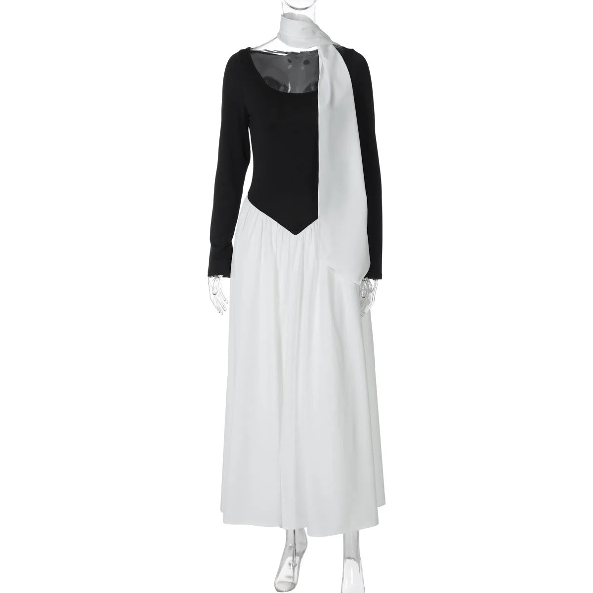 Patchwork Scarf Ribbon Round Neck A-Line Maxi Dress
