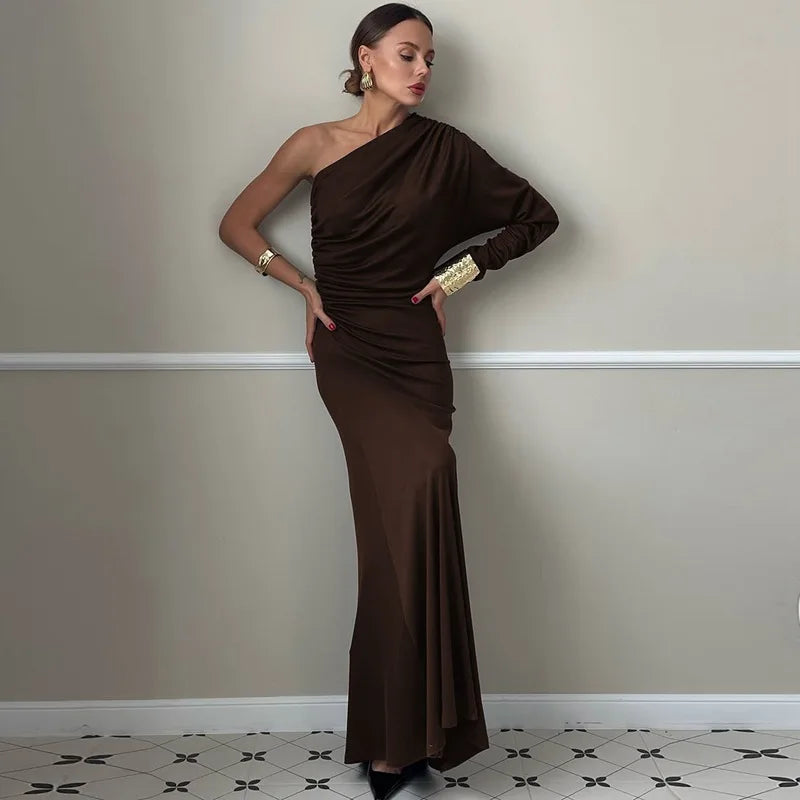 Diagonal Collar One-Shoulder Long Sleeve Maxi Dress