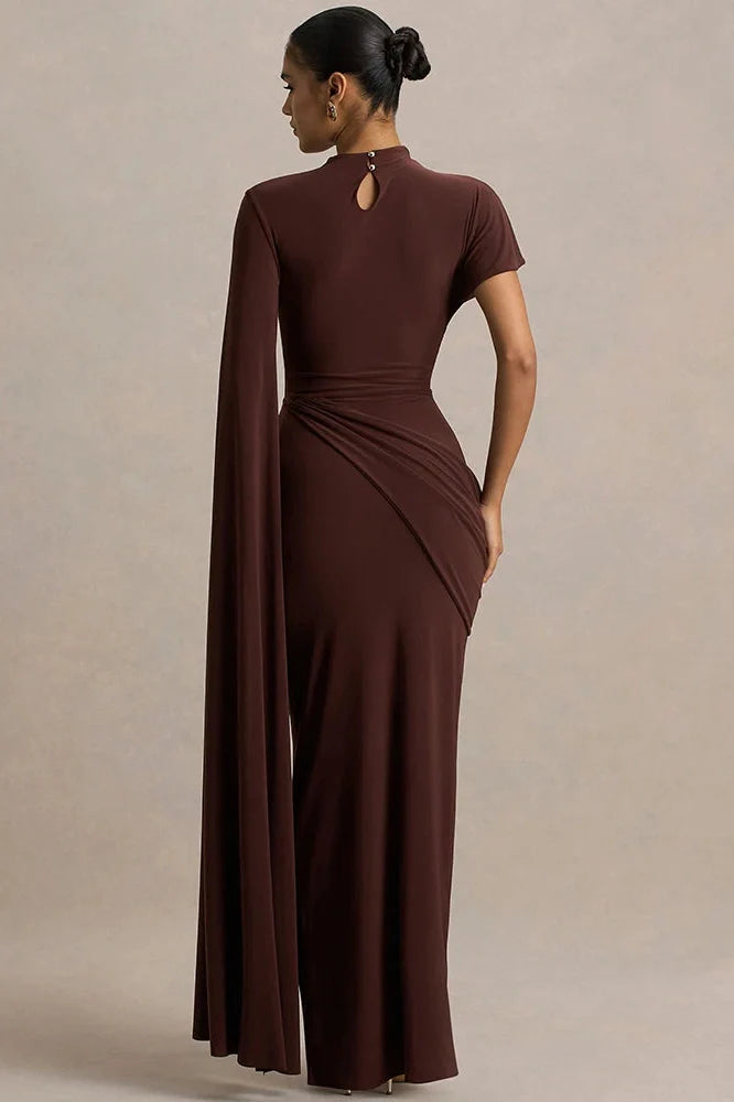 One Cape Sleeve O Neck High Collar High Waist Maxi Dress