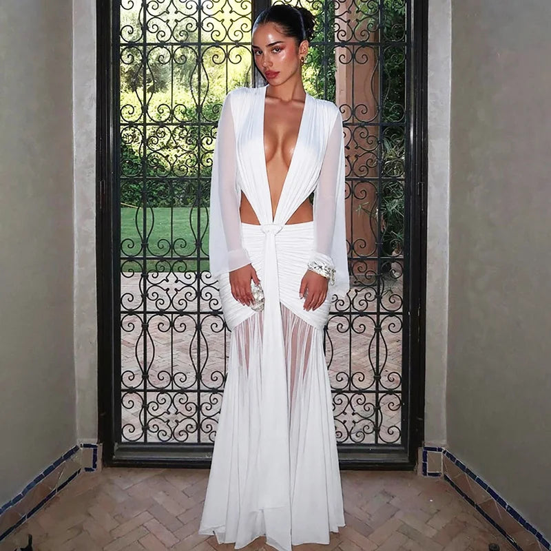 Pleated Deep V-Neck Bodycon Maxi Dress