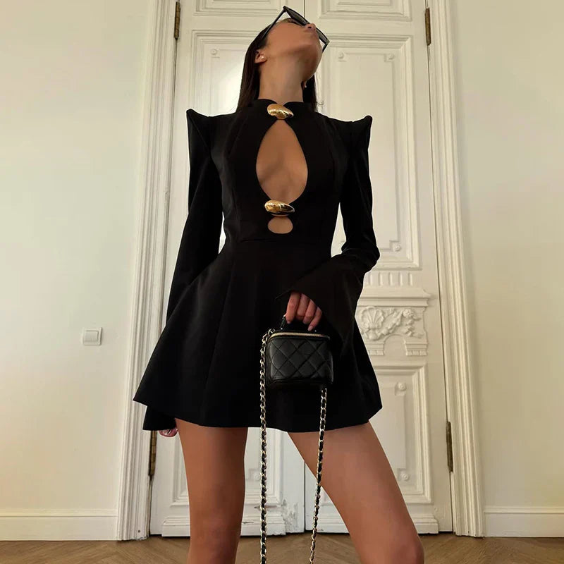 Hollow Out Long Sleeve Slim High Waist Mini Dress