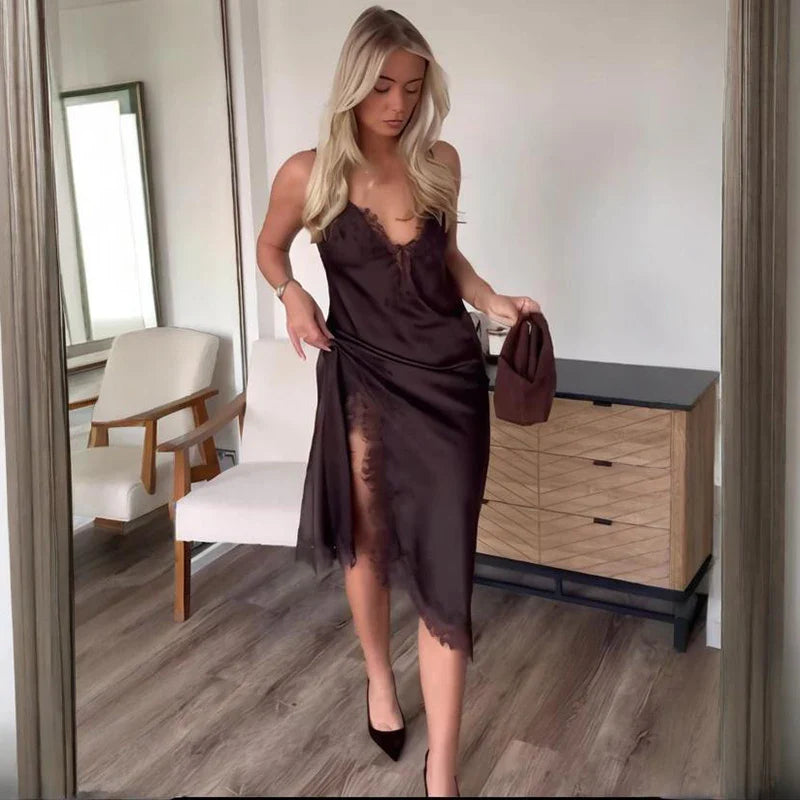 Lace Spaghetti Strap High Waist Midi Dress