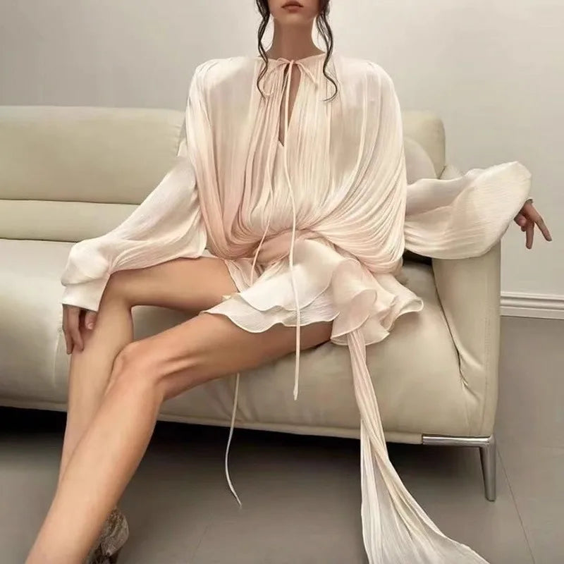 V Neck Patchwork Lace Up Long Sleeve Mini Dress