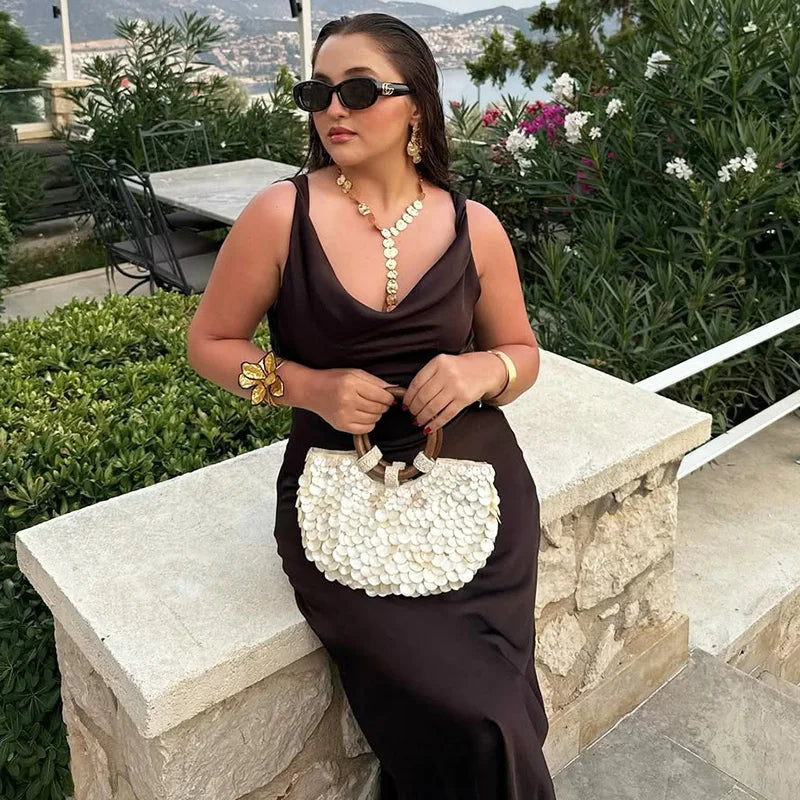V Neck Lace Up Backless Sleeveless Maxi Dress