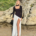 Square Neck Scarf Ribbon Slim Long Sleeve Maxi Dress