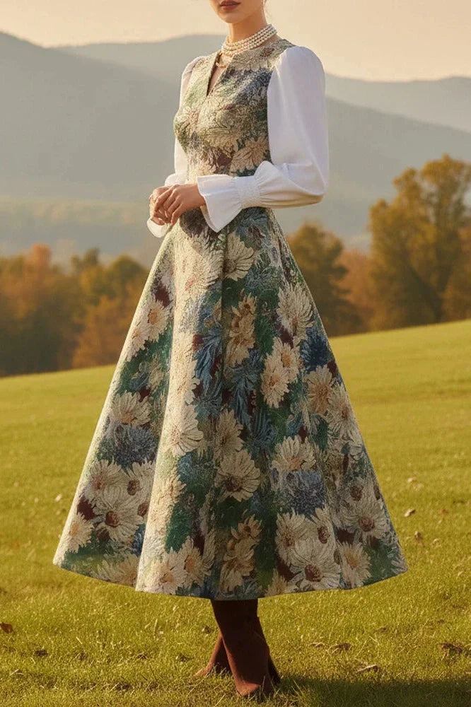 Elegant High Waist Pleated V-Neck Printed Midi Dress