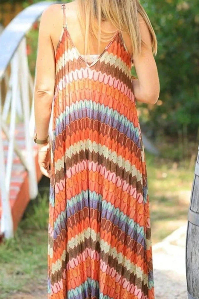 Pleated Printed Sleeveless Loose Backless High Waist Maxi Dress