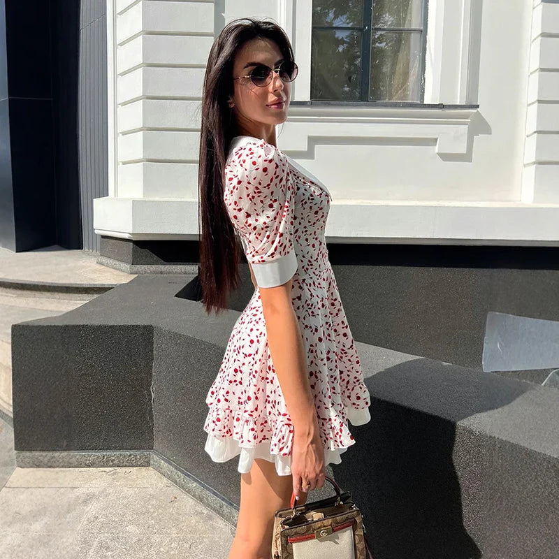 Printed Short Sleeve High Waist Mini Dress