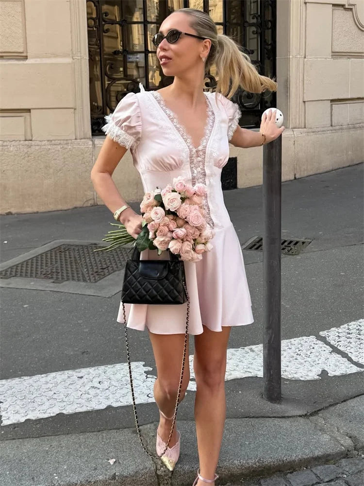 V-Neck Hollow Out High Waist Patchwork Mini Dress