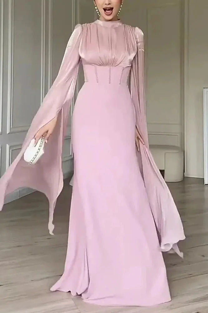 Elegant O-Neck Split Sleeve Slim Pleated High Waist Maxi Dress