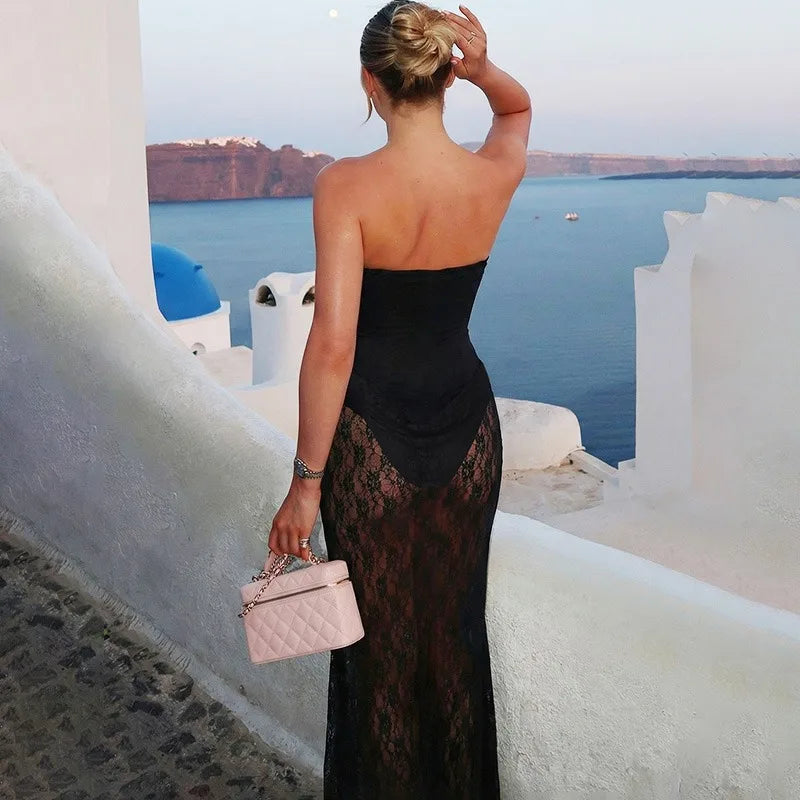 Strapless Backless See Through Patchwork Maxi Dress