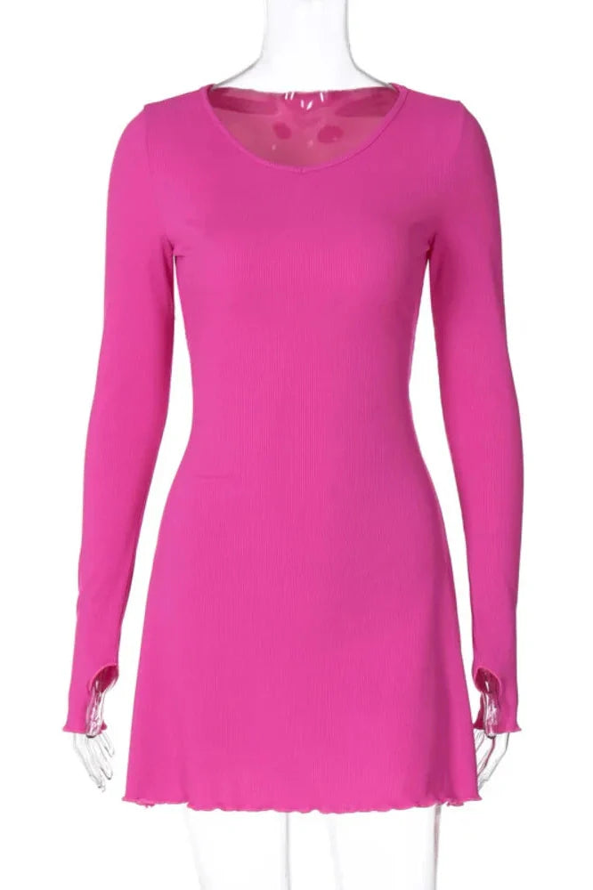 Long Sleeve O Neck Lace-up Mini Dress