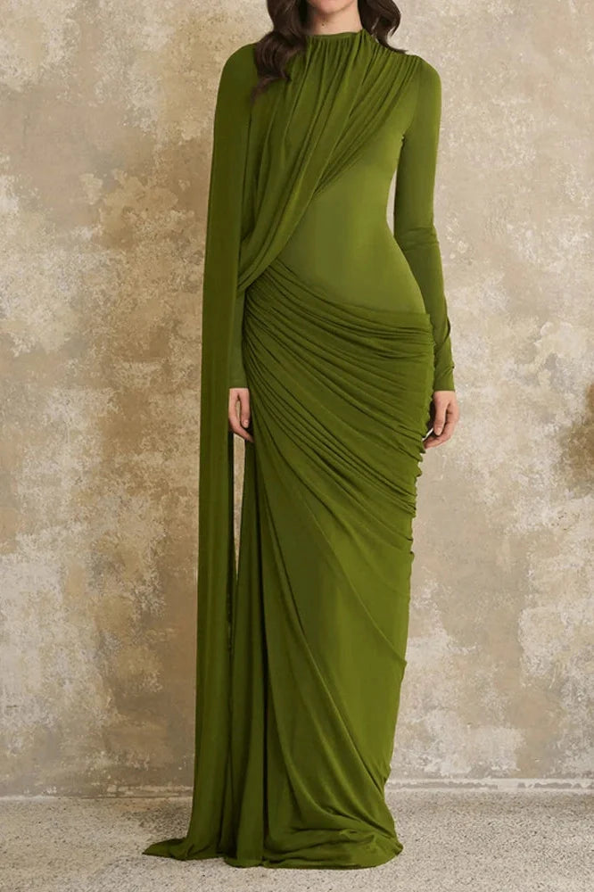 Long Sleeve High Waist Slim Pleated Maxi Dress