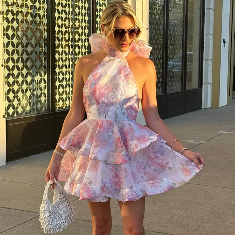 Print Lace-Up Halter Neck Patchwork Pleated Mini Dress