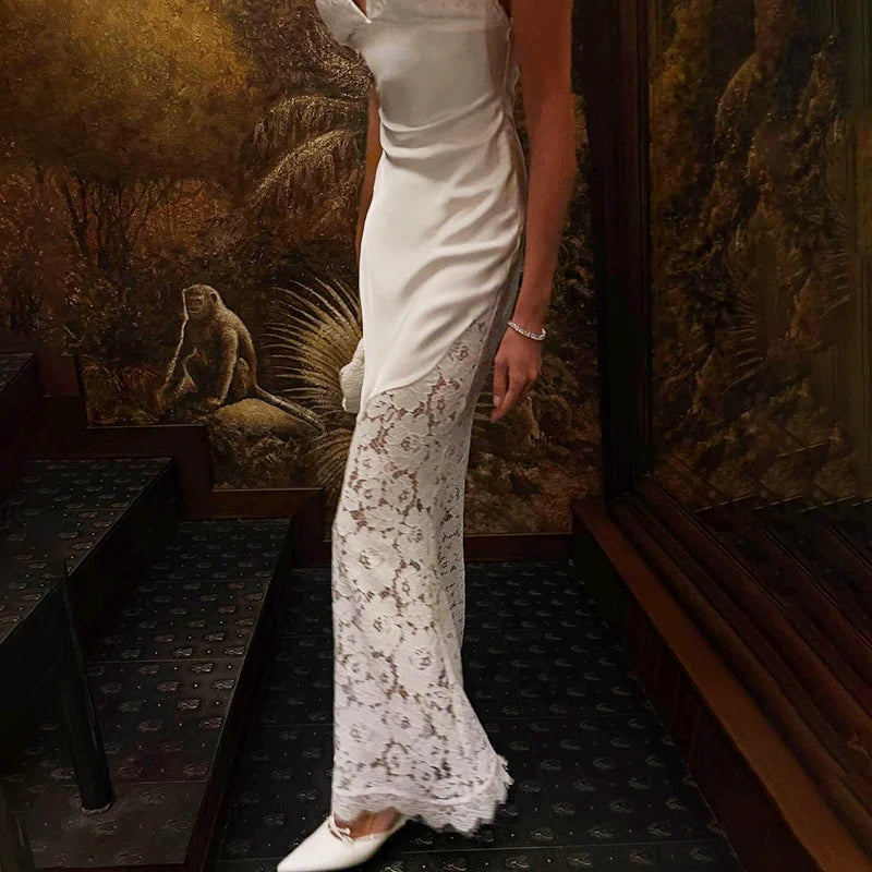 Lace Deep V-Neck Hollow Out High Waist Maxi Dress