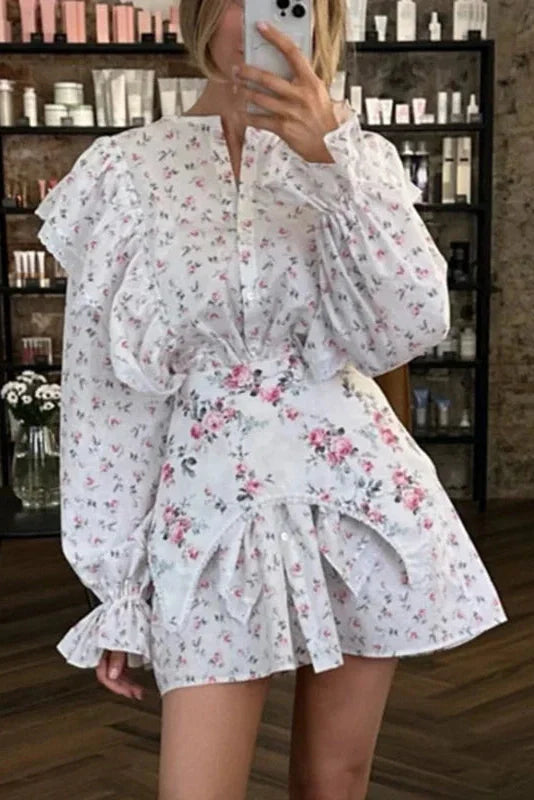 Printed Lace Up Long Sleeve Slim Mini Dress