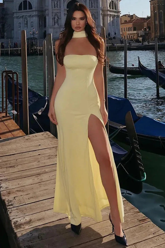 Scarf Collar Off-Shoulder Strapless Backless High Split Maxi Dress