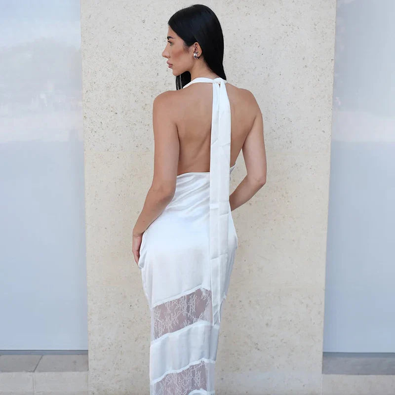 Lace Deep V Neck Backless Slim Maxi Dress