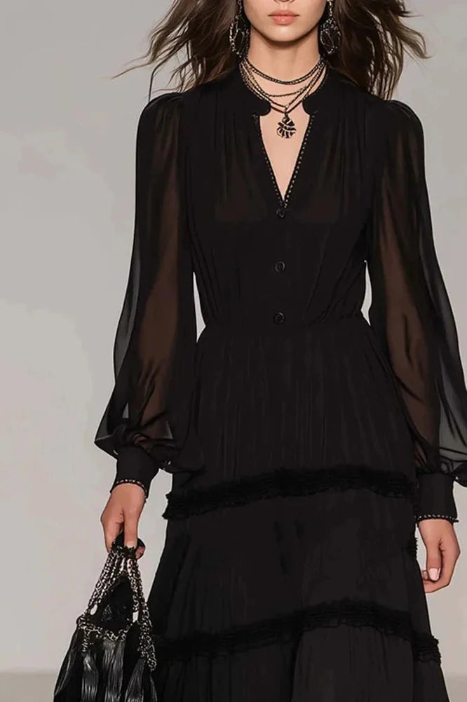 Pleated V-Neck Long Sleeve High Waist Maxi Dress