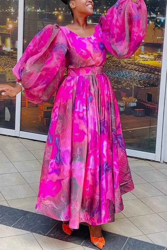 Square Collar Pleated High Waist Printed Long Sleeve Maxi Dress