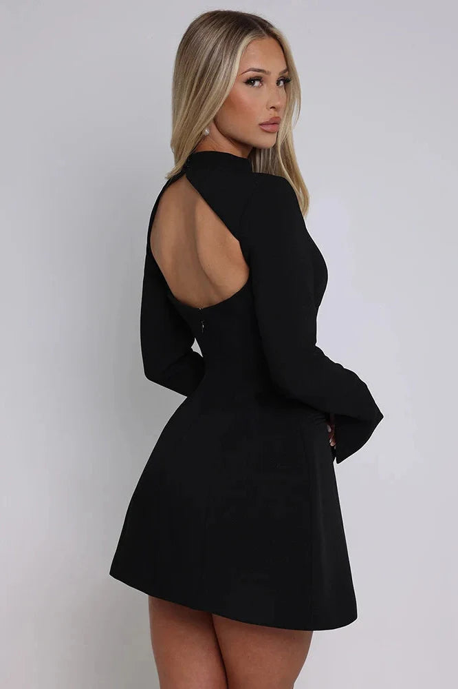 Long Sleeve O-Neck High Waist Backless A-line Mini Dress