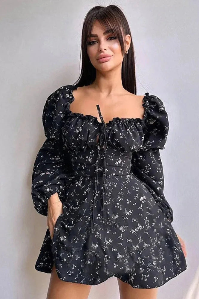 Long Puff Sleeve Square Collar Backless Mini Dress