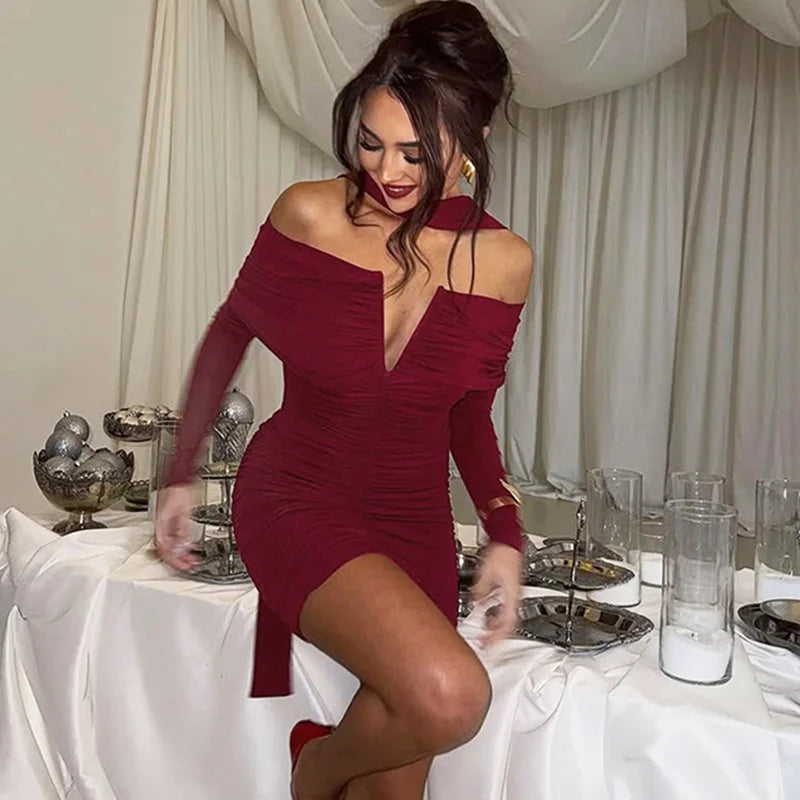 Off-Shoulder Scarf Ribbon Long Sleeve Mini Dress