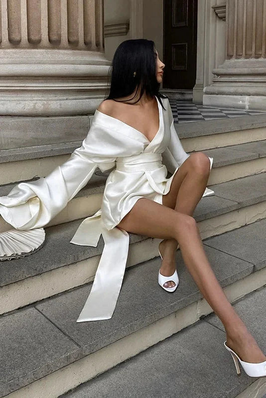 Elegant Lace-up Waisted Long Sleeved V Neck Mini Dress