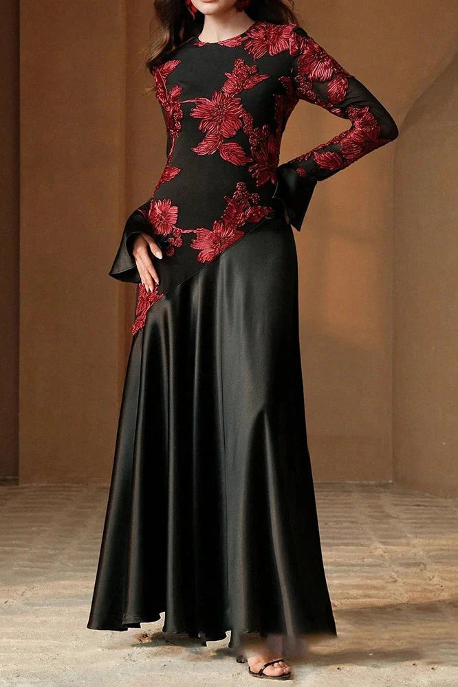 Elegant High Waist O-Neck Flare Sleeve Pleated Maxi Dress
