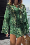 Long Sleeve Loose V-Neck Printed Pleated Mini Dress