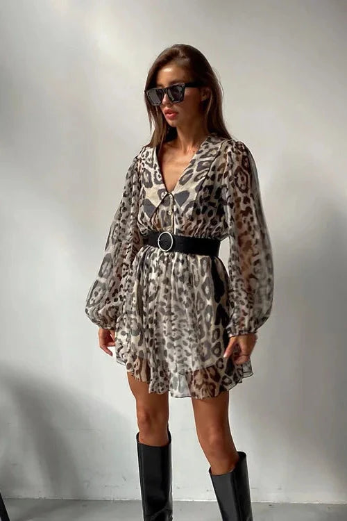 V-Neck Printed See-Through Long Sleeve Mini Dress