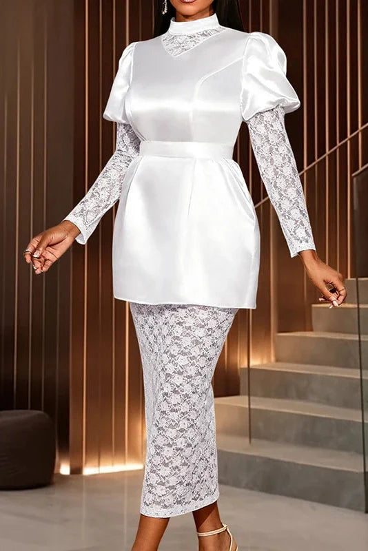 Elegant High Waist High Collar Puff Sleeve Lace Midi Dress