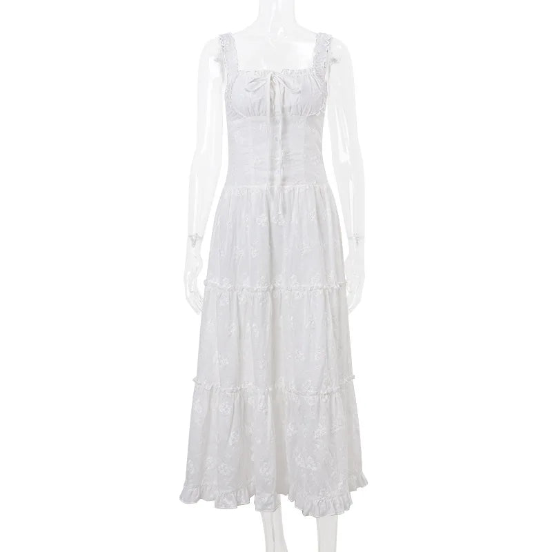 Lace Up Square Collar High Waisted Maxi Dress