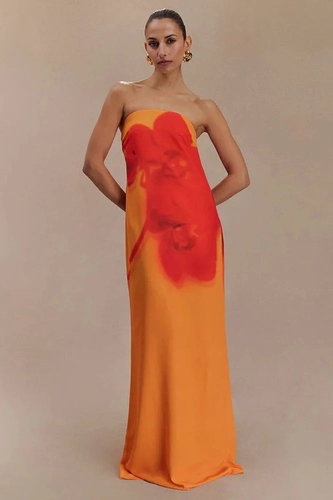 Printed Strapless Off-Shoulder Backless Sleeveless Maxi Dress
