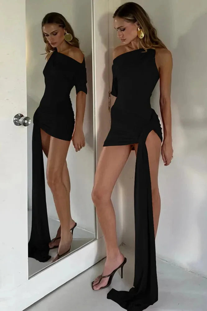 Oblique Shoulder Backless Irregular Sleeveless Mini Dress