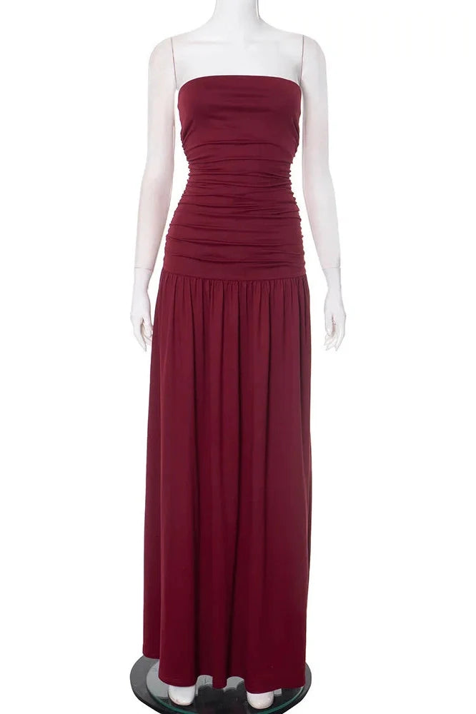 Off-Shoulder Strapless Pleated Sleeveless High Waist Maxi Dress