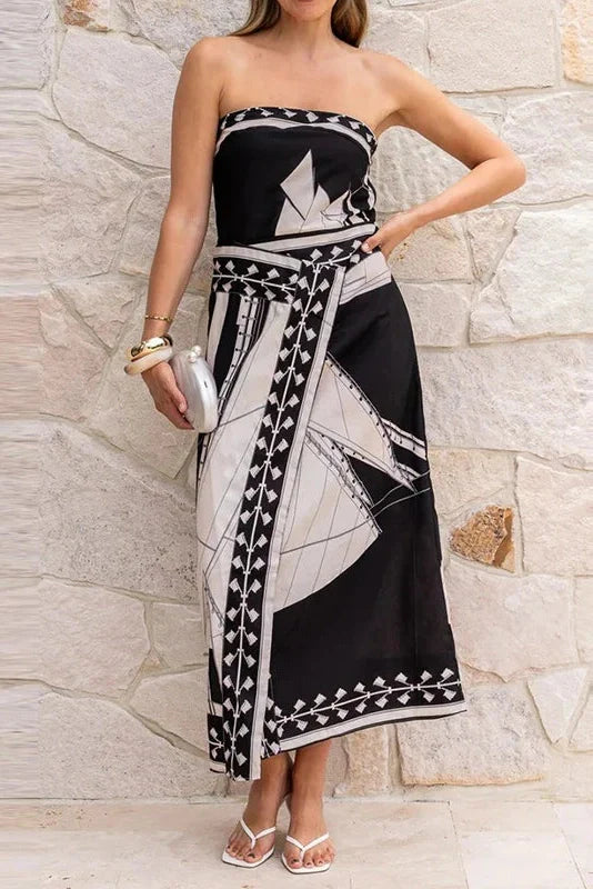 Sleeveless Printed Off-Shoulder Irregular Midi Dress