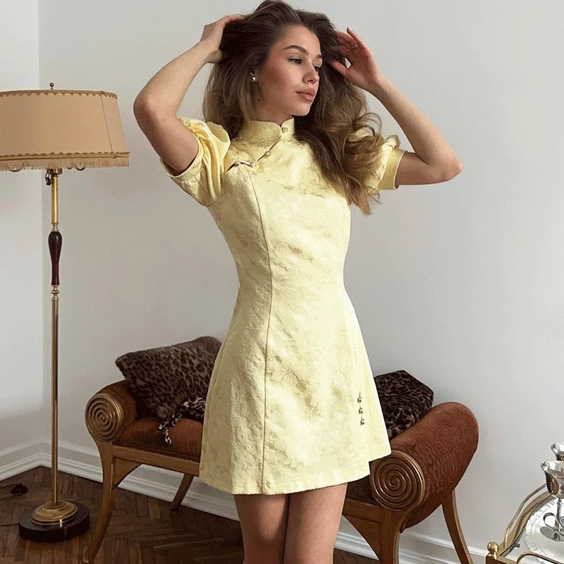 Printed Button Patchwork Mini Dress